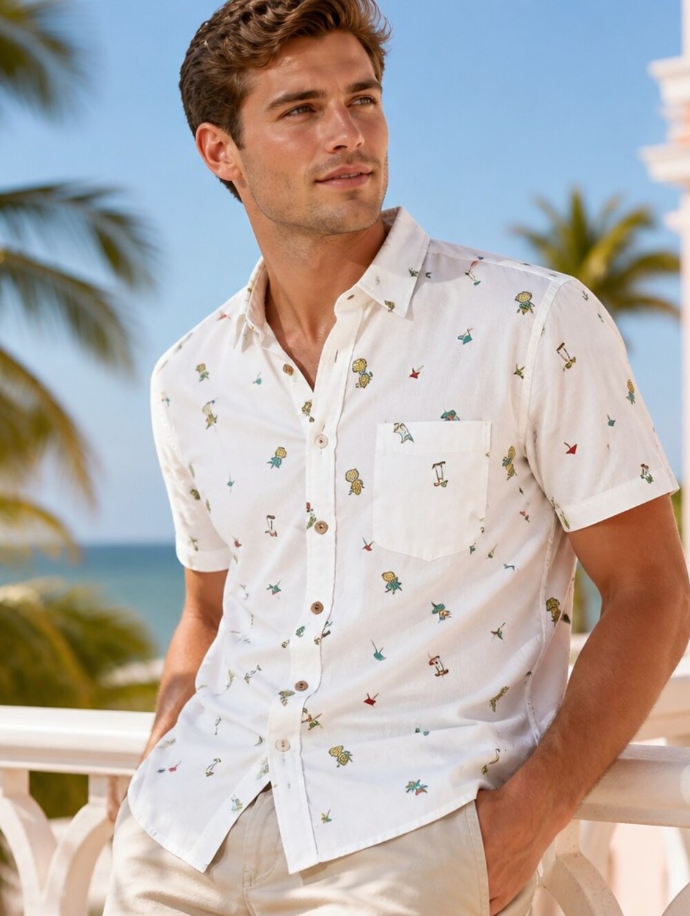 Ocean Current White Short-Sleeve Tropical Print Button-Down Shirt